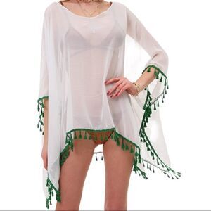 Sheer White One Piece Swim Coverup with Bat Sleeves and Cute Green Tassels 